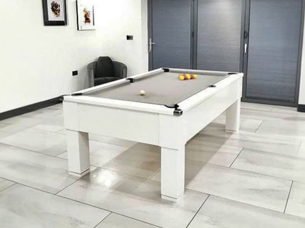 Stunning games room featuring the Gloss White Square Leg Pool Table with grey cloth and red and yellow pool table balls