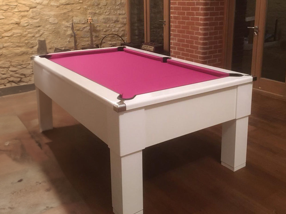 Gloss White Square Leg Pool Table with stunning fuchsia pink cloth