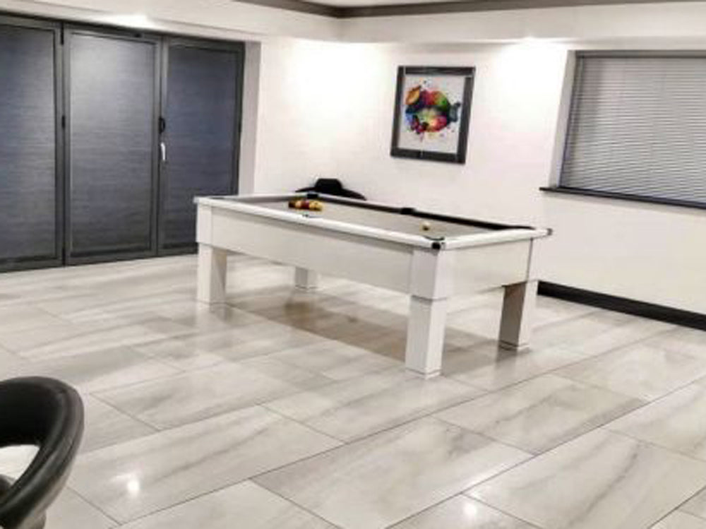 Stunning tiled floor entertainment room featuring the Gloss White Square Leg Pool Table with Grey Cloth