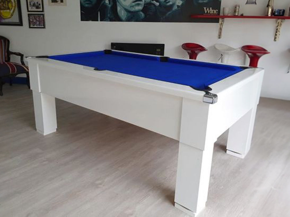 Gloss White Square Leg Pool Table with Blue Cloth in a games room with bar stools