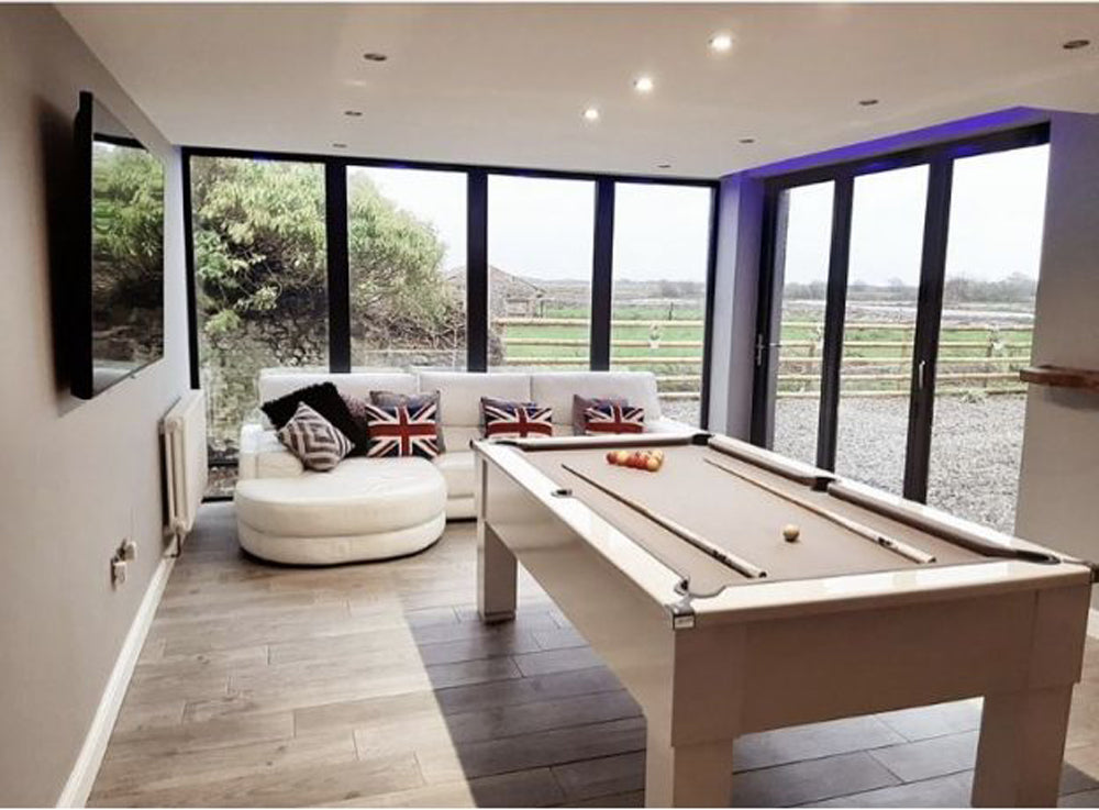 Gloss White Square Leg Pool Table with Grey Cloth in a beautiful modern games room