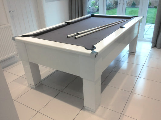 Gloss white pool table square legs with grey cloth.