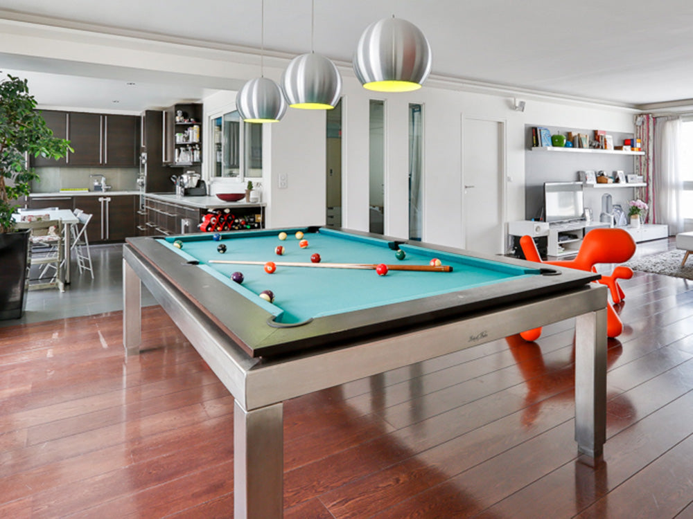 Manhatten 7ft Pool Table. Dark wood top rail with metallic body and legs.