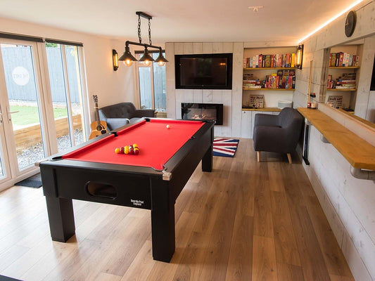 Matt Black Square Leg Pool Table featuring chrome corners in a stunning modern matt finish and red cloth.