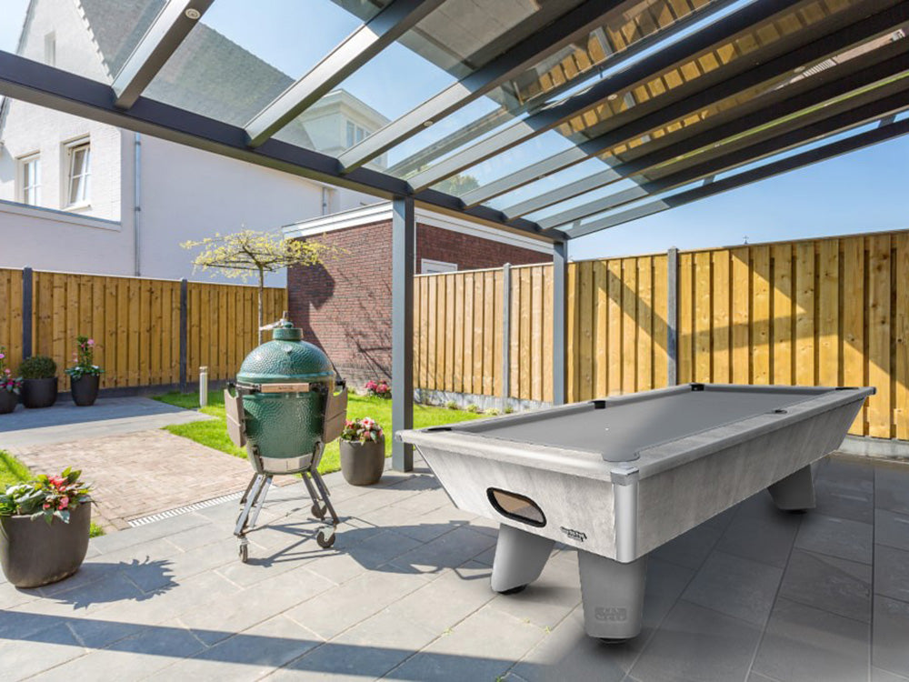 Urban Grey Outdoor Pool Table in outdoor setting. Outdoor pool table uk.