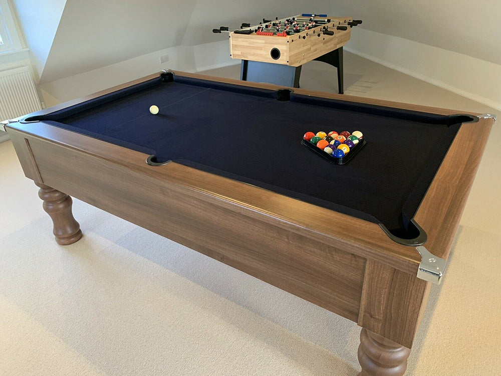 Dark Walnut Turned Leg Pool Table with a dark cloth angled in a games room.