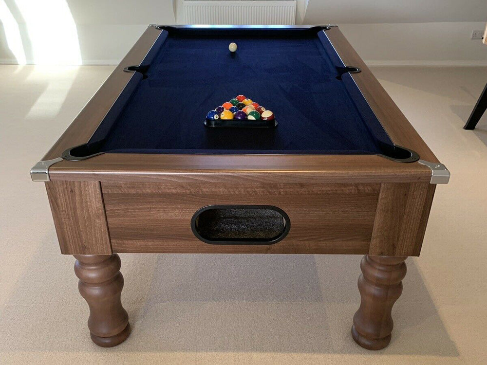 Dark Walnut Turned Leg Pool Table with a dark cloth straight on in a games room.