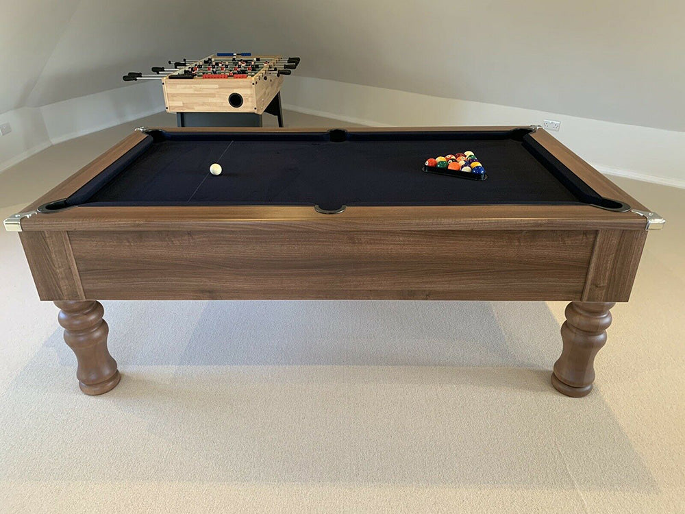 Dark Walnut Turned Leg Pool Table with a dark cloth side on image in a games room.