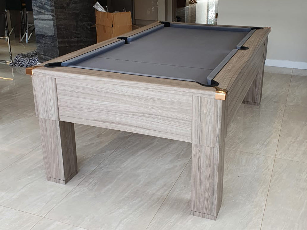 Driftwood Square Leg 7ft Pool Table with grey cloth on marble tiled floor.