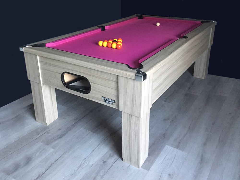 Driftwood Square Leg 7ft Pool Table with red cloth on grey laminate flooring.