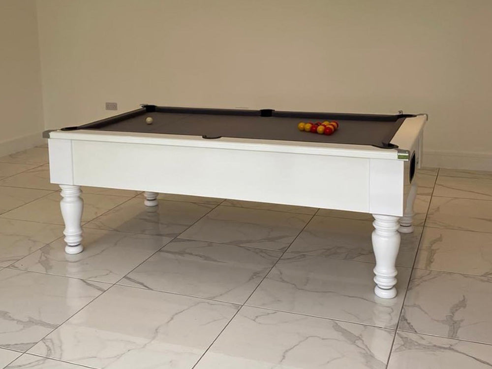Gloss White Turned Leg Pool Table with grey cloth and chrome corners image on marble.