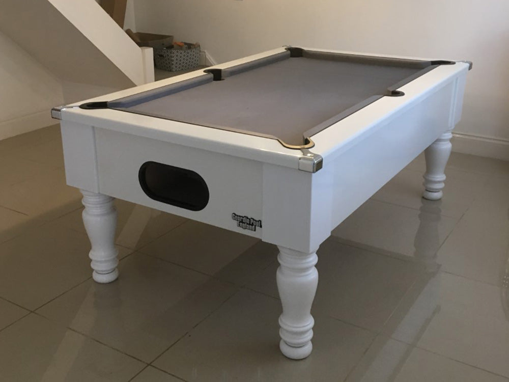 Gloss White Turned Leg Pool Table with grey cloth and chrome corners image on grey tiles.