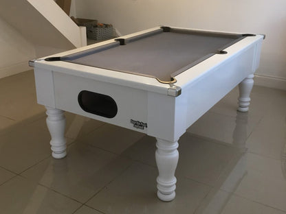 Gloss White Turned Leg Pool Table with grey cloth and chrome corners image on grey tiles.