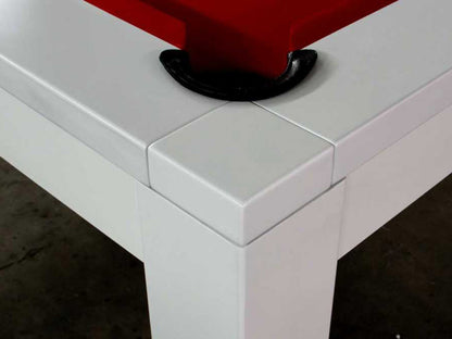 Close up of the corner section of the white pool table diner.
