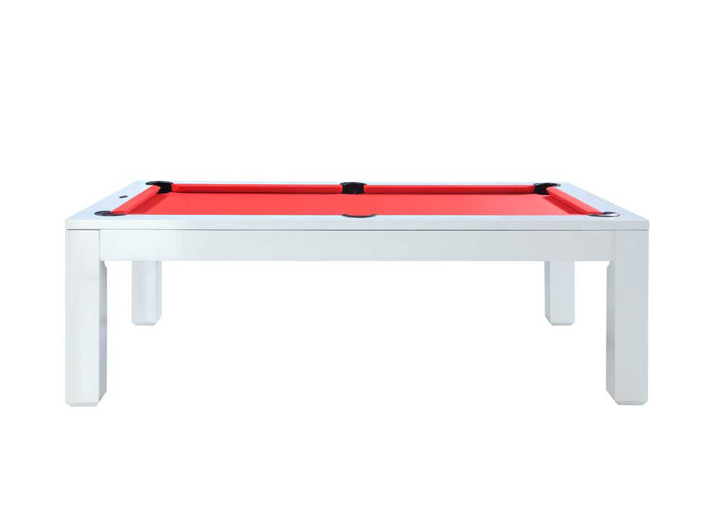 Profile view of the white pool table with red cloth. Pool Dining Table.