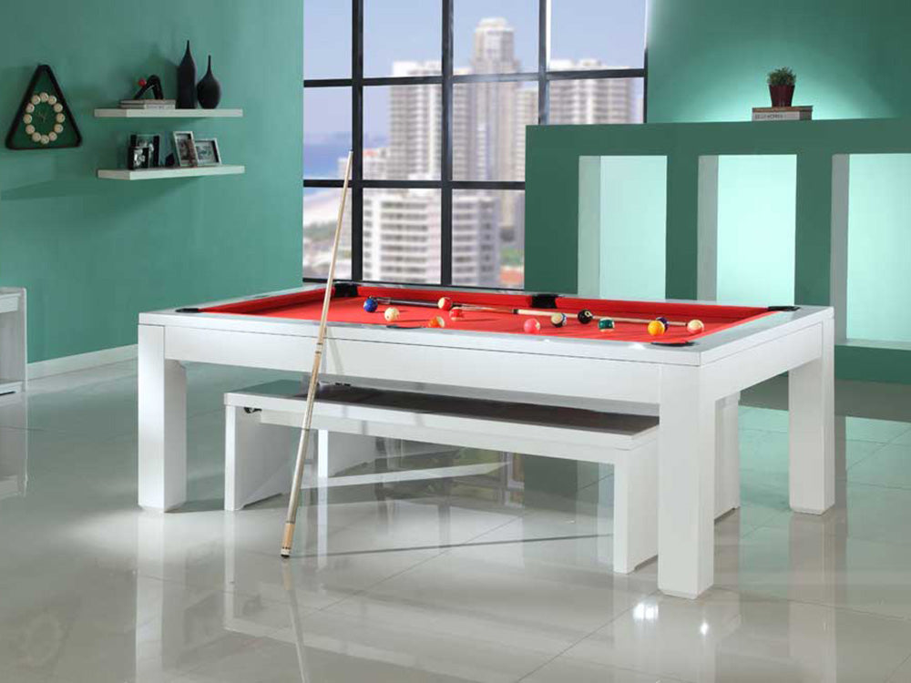 Pool Dining Table in white with bright red cloth. Pool table benches also available.