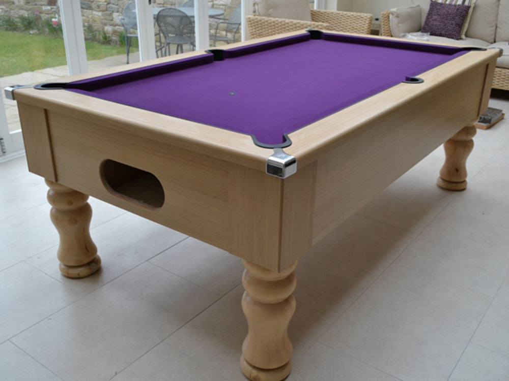 7ft pool table uk in a light oak style finish. Turned leg pool table with a stunning purple cloth.