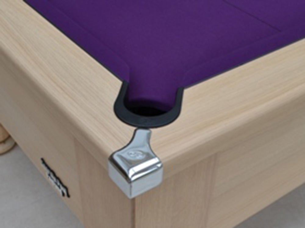 Light oak style finish. Turned leg pool table with a stunning purple cloth.