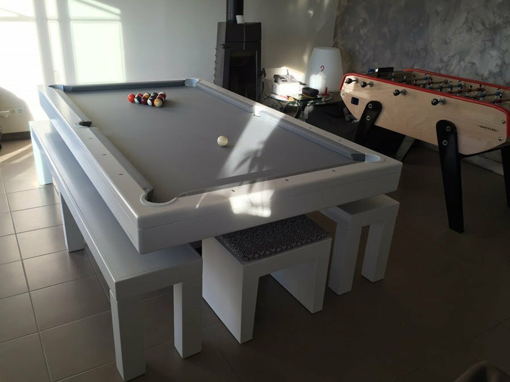Air Pool Table, white finish, grey cloth and grey legs. With matching white benches