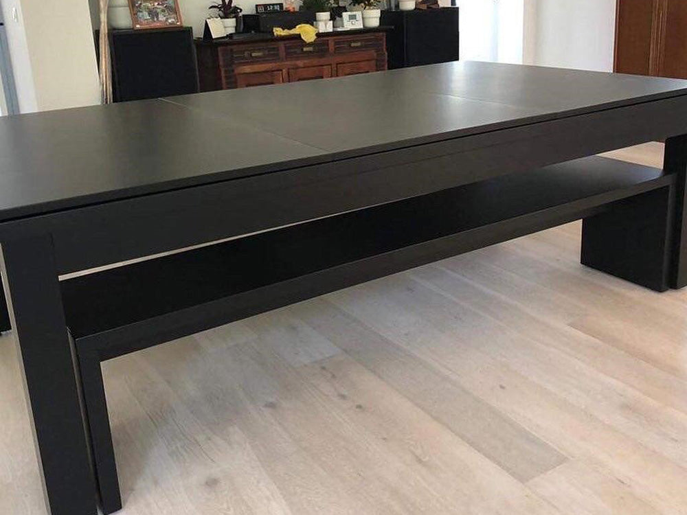 Luxury Nero Pool table diner - black dining cover in position. Matching black bench.