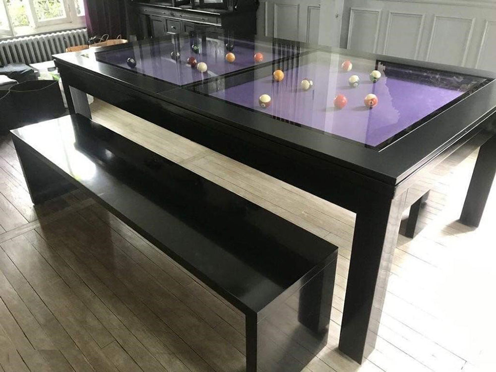 Luxury Nero Pool Table Diner- black with black top rail. Black glass cover. Black matching bench.
