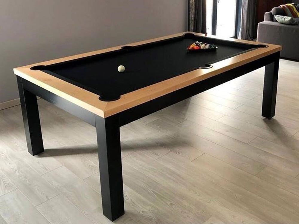 Luxury Nero Pool Table - black with natural beech top rail.