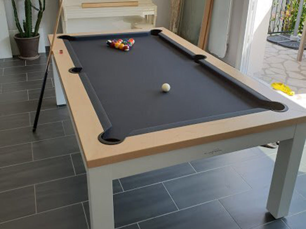 Luxury Nero Pool Table - white with natural beech rail. White legs, Grey cloth.
