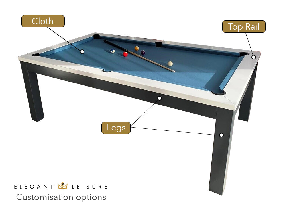 Luxury Nero Pool Table - customise your pool table. Top rail finishes, leg finishes and custom cloth colour.