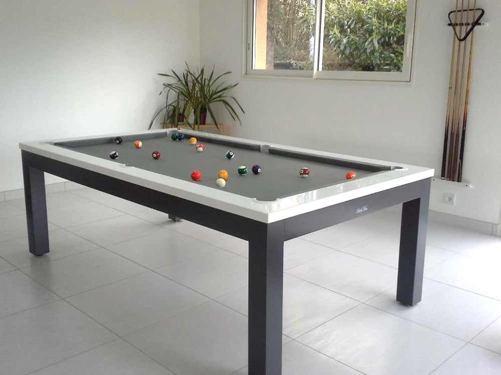 Luxury Nero pool table- custom grey with white satin top rail.