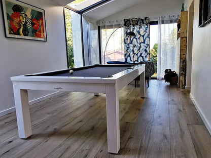 Luxury Nero Pool Table - white satin finish. Grey cloth.
