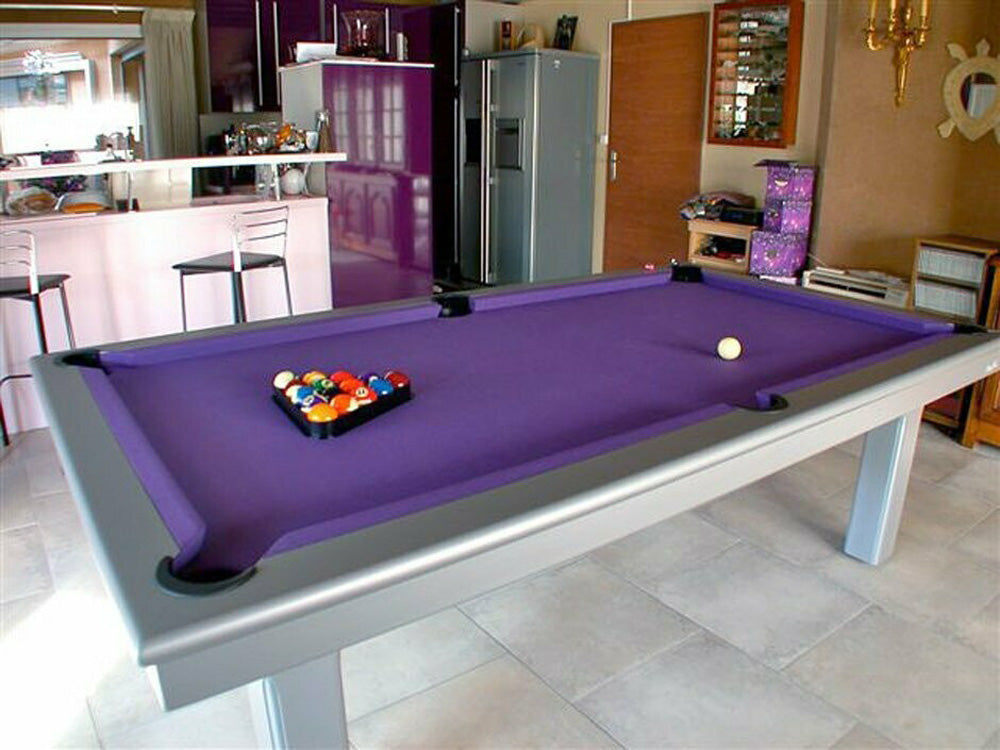 Orion pool table, finished in silver with purple cloth