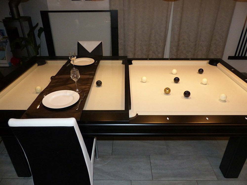 Orion pool table diner, in dark wood finish with light cream cloth. One dining cover in position. Pool Dining Table.