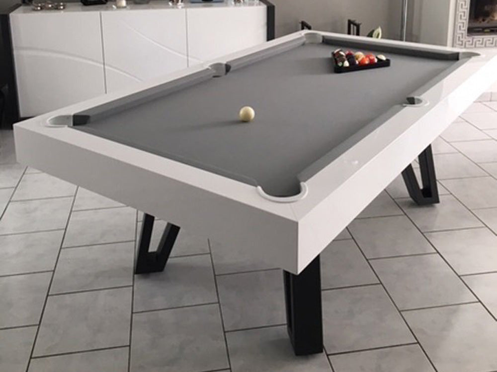 Ozzie White Pool Table with grey cloth and white corner pieces