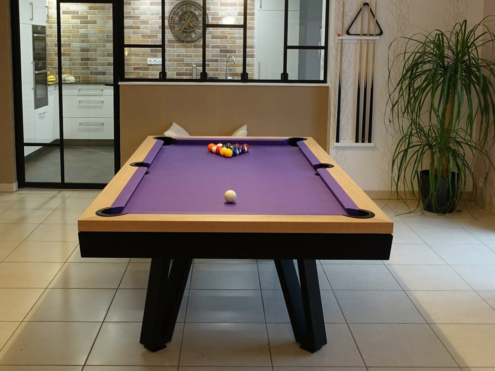 Natural wood and black combination with purple cloth. Ozzie Pool Table.