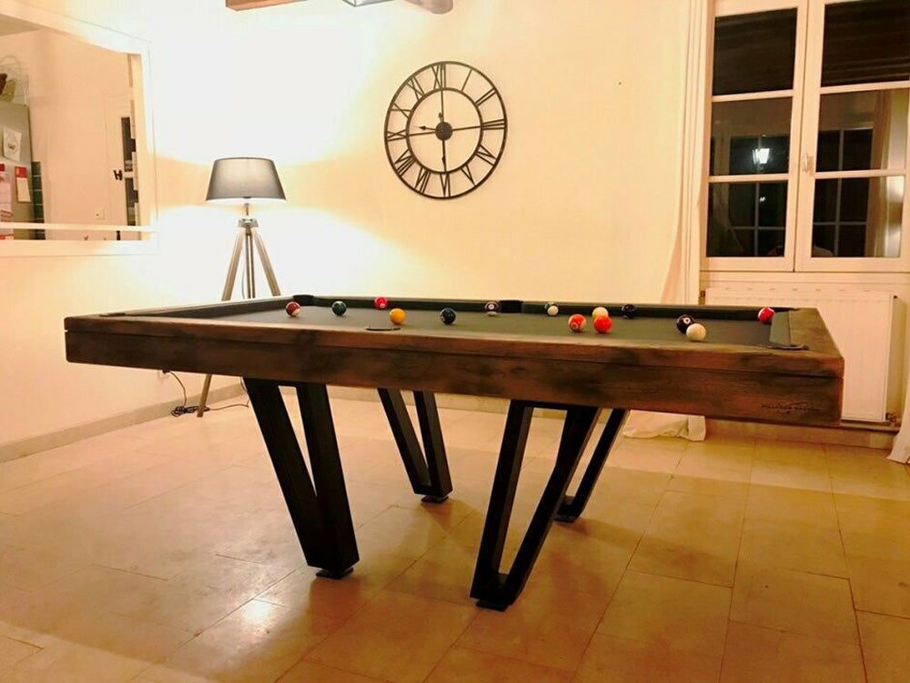Recalimed wood style luxury Ozzie Pool Table with dark green cloth.