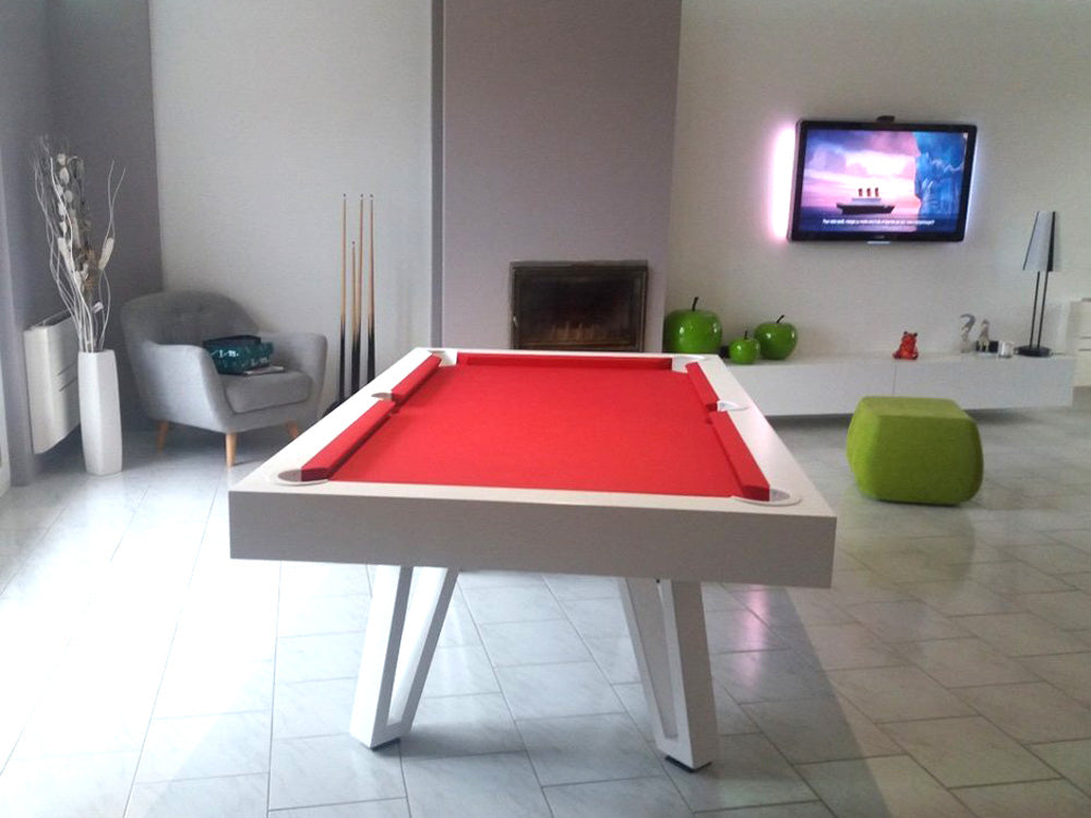 Modern Ozzie White Pool Table with red cloth