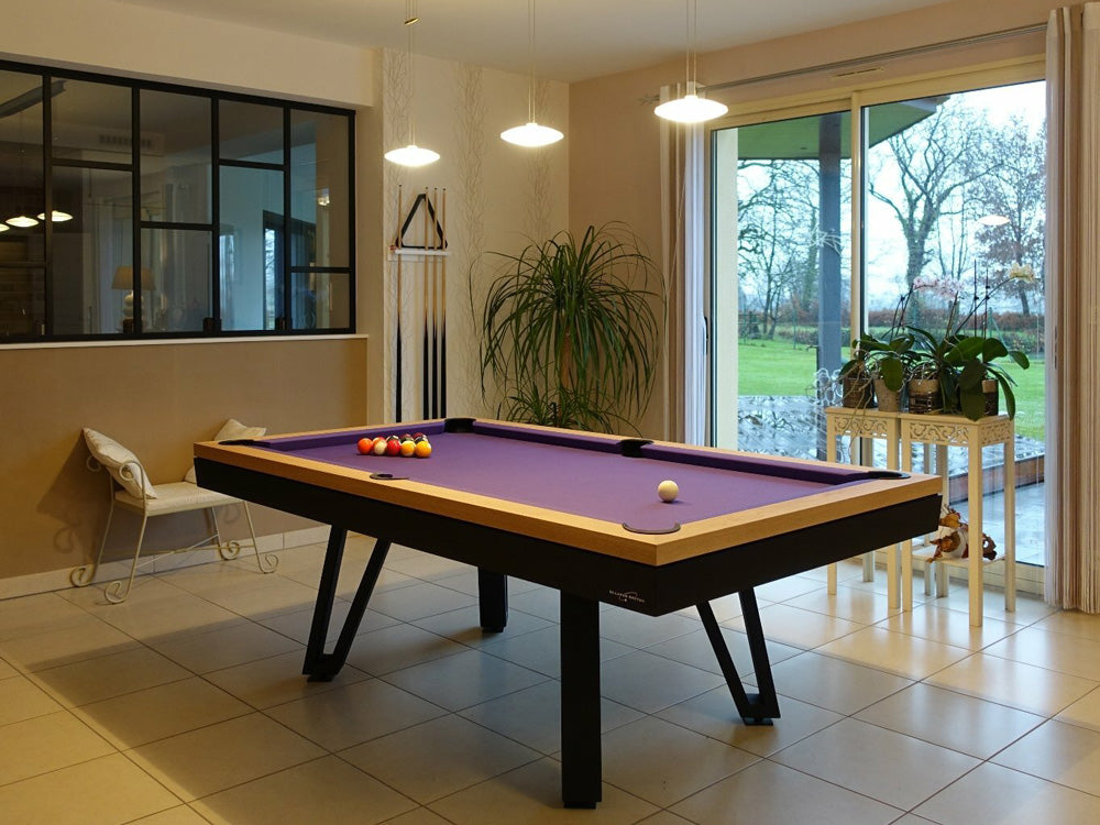 Luxury Ozzie Natural Wood and Black Pool Table Combination with purple cloth
