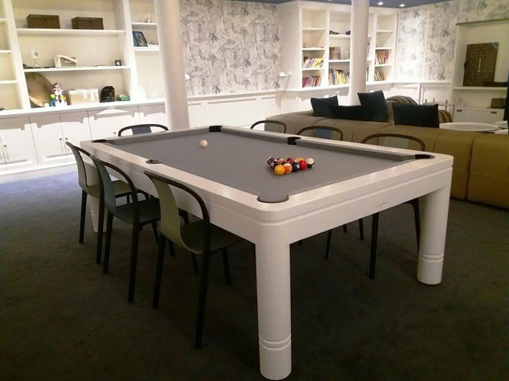 Luxury Verve Pool Table. grey cloth with matching white trim.
