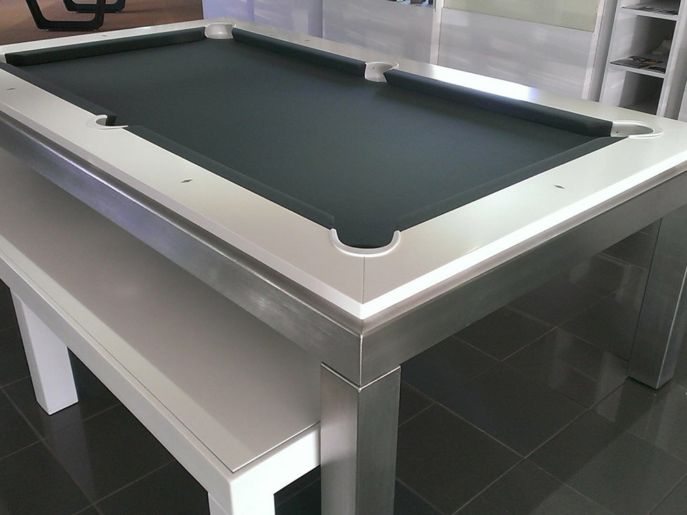 Manhatten 7ft Pool Table. White top rail with metallic body and legs. Stunning dark grey cloth. White bench.