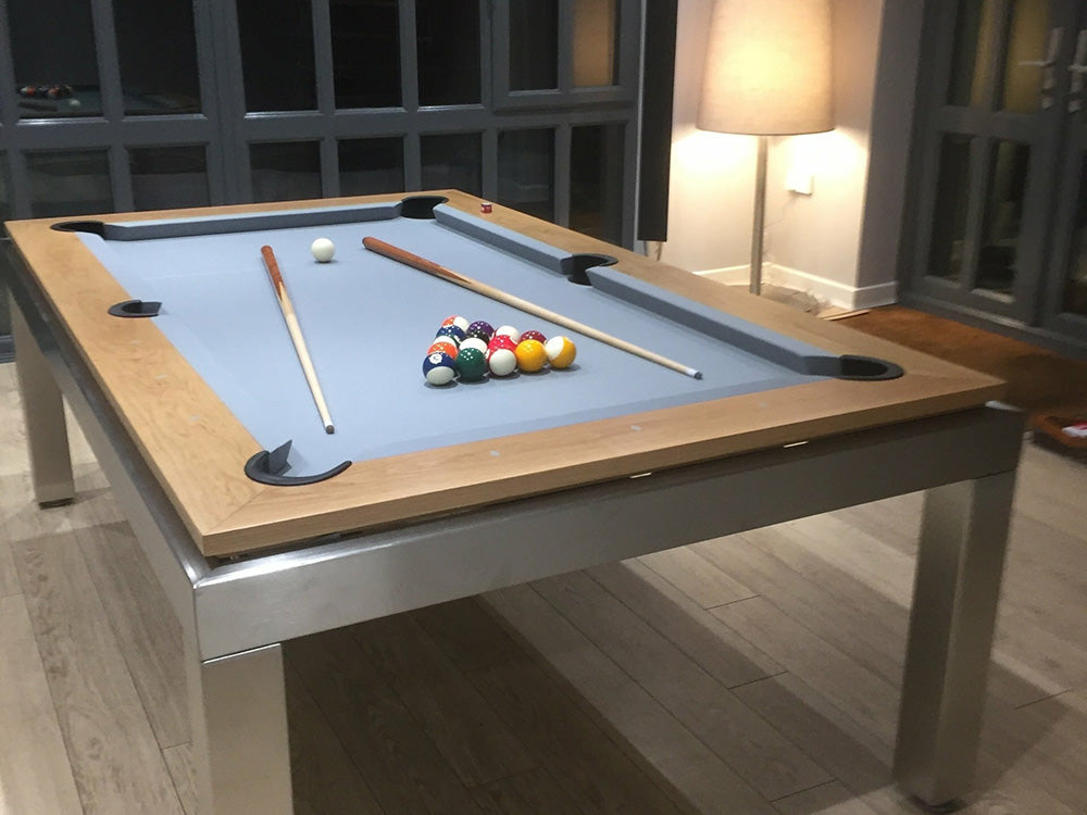 Modern Manhatten 7ft Pool Table. Natural Wooden top rail with metallic body and legs.