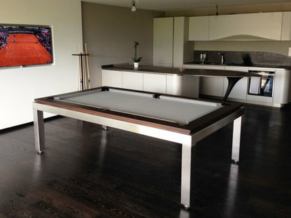 Stunning Manhatten 7ft Pool Table. Dark Wood top rail with metallic body and legs.