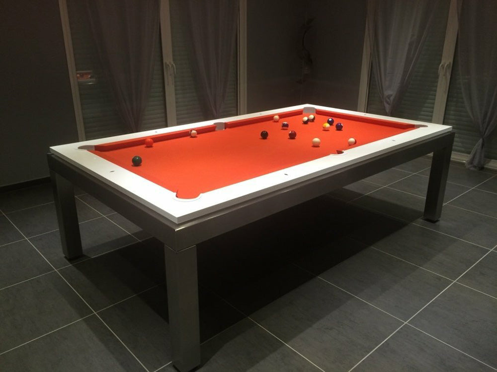 Manhatten 7ft Pool Table. White top rail with metallic body and legs. Red Cloth