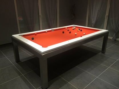 Manhatten 7ft Pool Table. White top rail with metallic body and legs. Red Cloth