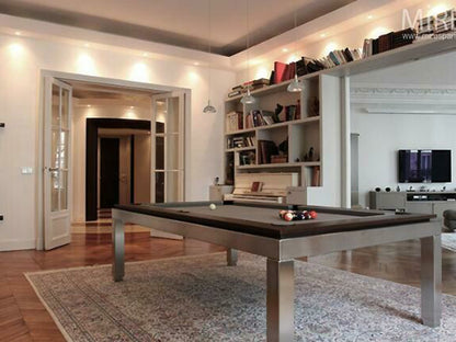 Manhatten 7ft Pool Table. Dark wood top rail with metallic body and legs. Medium grey cloth. Spots and stripe pool balls.