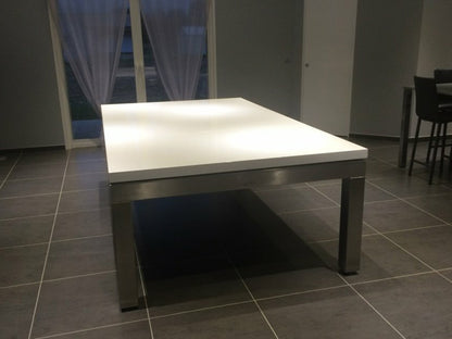 Manhatten 7ft Pool Table Diner. White top rail with metallic body and legs. 7ft Pool dining table. Dining sections in place.