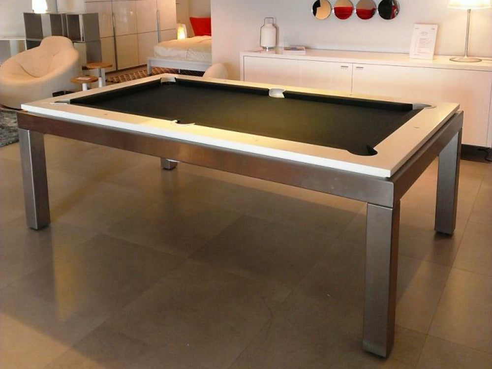 Manhatten 7ft Pool Table. Black cloth, White top rail with metallic body and legs.