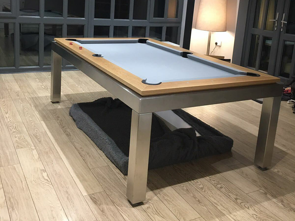 Modern Manhatten 7ft Pool Table. Wooden top rail with metallic body and legs.