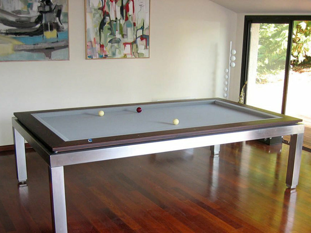 Manhatten 7ft Pool Table. Dark wood top rail with slate cloth and metallic body and legs.