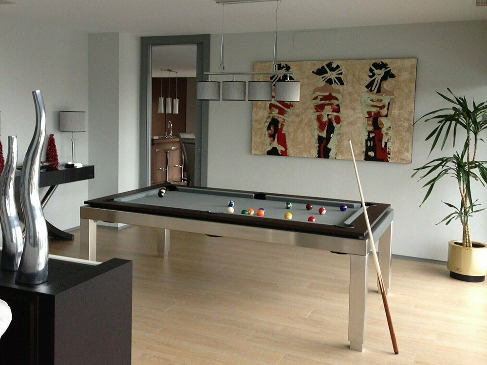 Manhatten 7ft Pool Table. Dark wood top rail with metallic body and legs. Slate cloth.