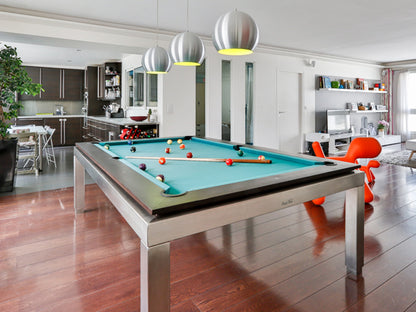 Manhatten 7ft Pool Table. Dark wood top rail with metallic body and legs.